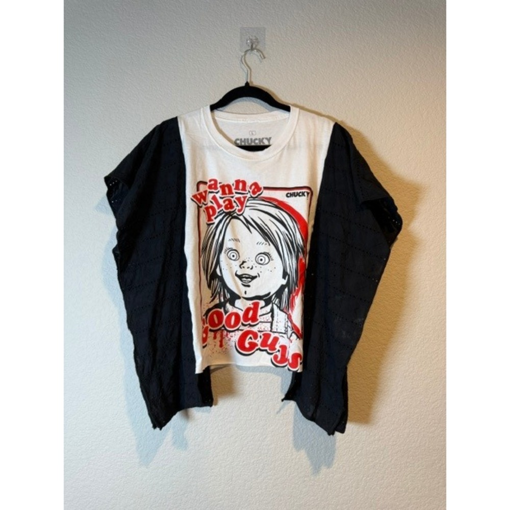 Chucky Childs Play Graphic Upcycled OOAK Top Custom Black Eyelet Sleeve Top O/S